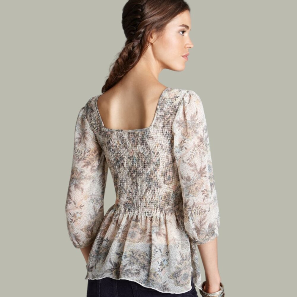 Free People XS Smocked Floral Sheer Peasant Ever After Top Boho Romantic Cottage